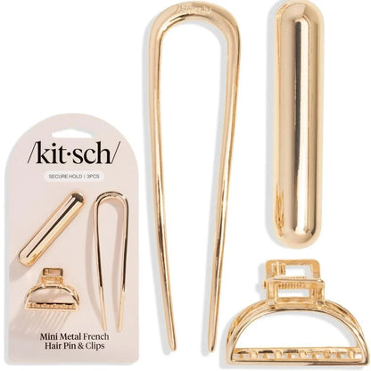 Kitsch Mini Metal French Hair Pin & Hair Clips for Women - Silver, Set of 3