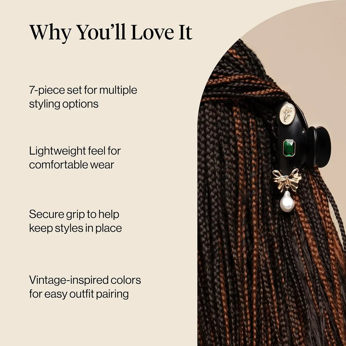 KitschPop ™ Hair Clips For Women with Charm Sets -Vintage Black, 7pcs Set