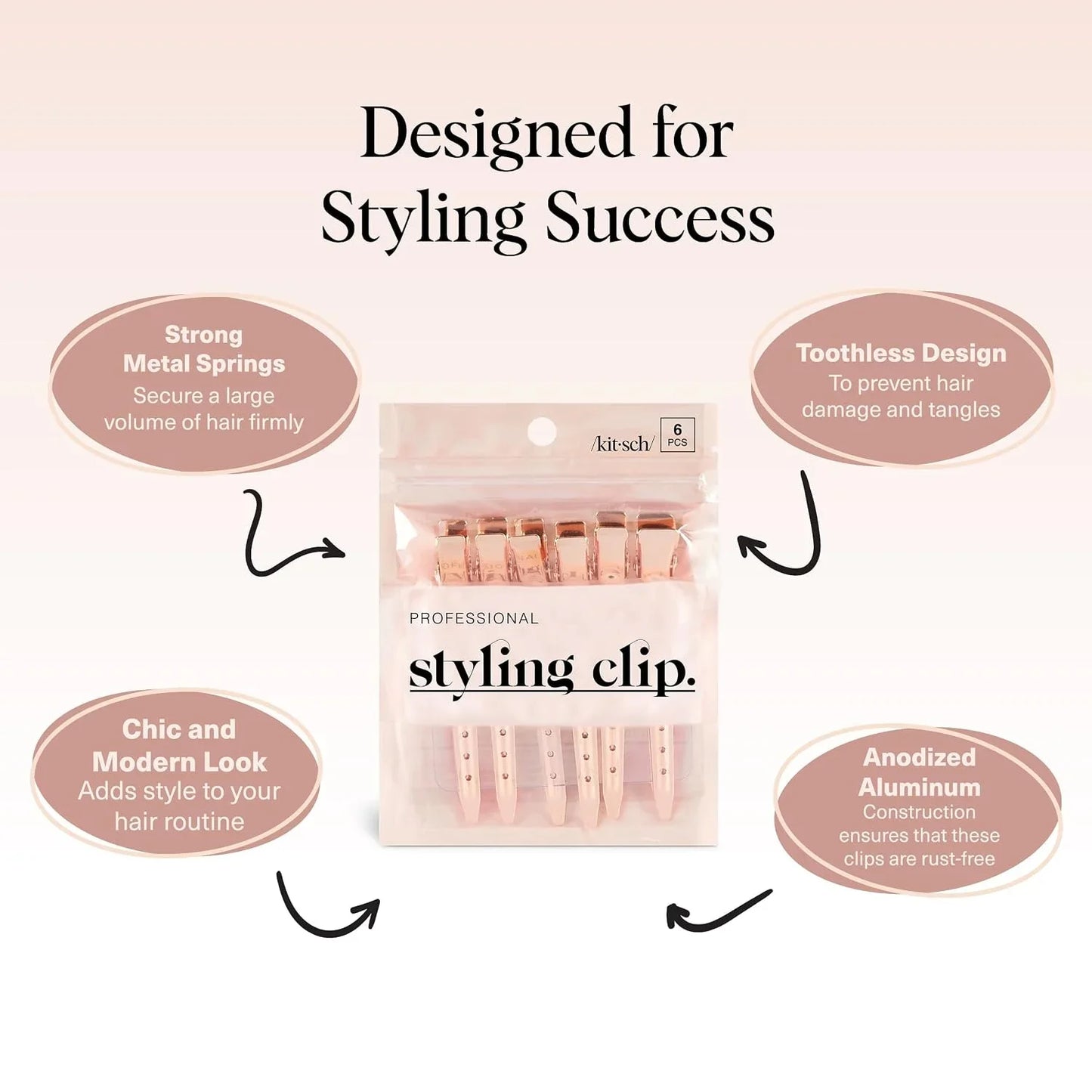 Kitsch Professional Alligator Clips - Rose Gold, 6 Pcs
