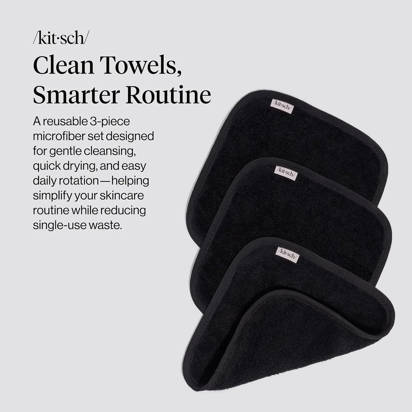 Kitsch Microfiber Face Towels 3pc Set | Clean Towels for Face - Black