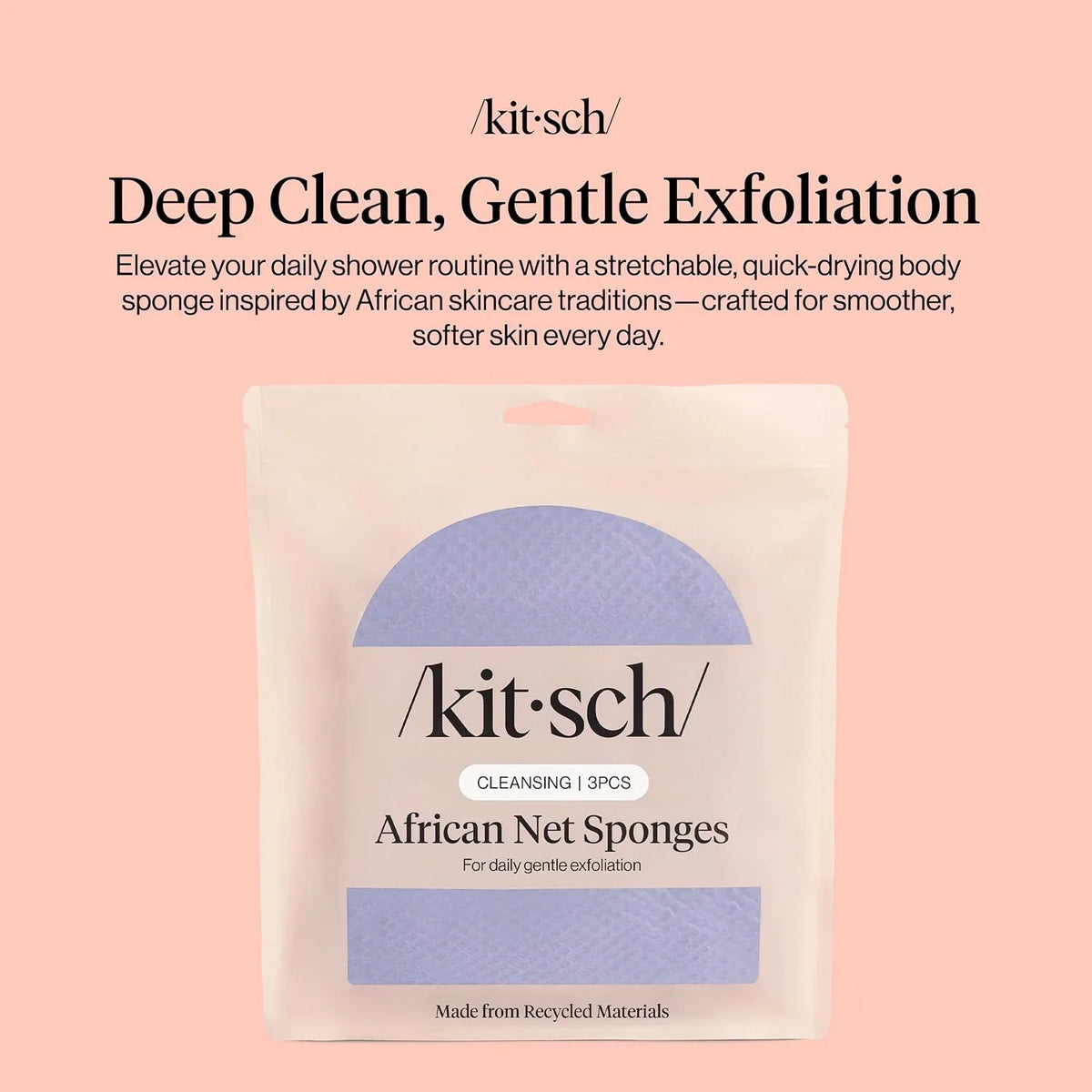 Kitsch African Net Sponge – Exfoliating Body Scrubber – Aqua Grey, 3 Pcs